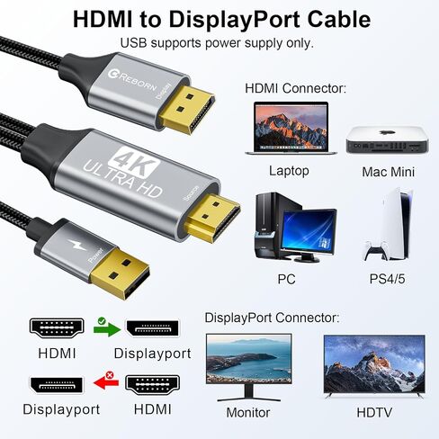Active HDMI to DisplayPort Cable (4K 60Hz,1080p@120Hz) 6FT Uni-Directional HDMI Source to DP Monitor Adapter Display Port Cord Compatible with PC,Laptop,AMD,NVIDIA,PS5,Xbox in Kuwait
