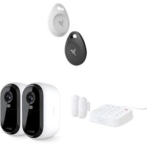 Home Security System - Wired Keypad Sensor Hub, (2) 8-in-1 Sensors, 24/7 Professional Monitoring + Outdoor 2K (2 Cam) + Security Tag Accessory Bundle - No Contract, Alarm System for Home Security