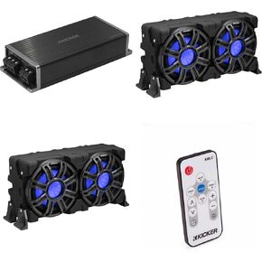 Kicker (2) 51MWLE104 - MWE 10-Inch Loaded Premium Marine Sub Encl w/Passive Radiator 4ohm & 51KPX5001 Powersports Amp Bundle (Includes LED Remote)