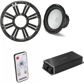 Kicker Marine KPX500.1 Powersports Amp & 10" Free Air 2 Ohm (Charcoal Grill) Subwoofer Audio Upgrade, Includes LED Remote