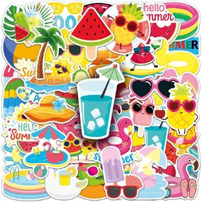 50Pcs Fresh Summer Stickers, Kids Girls Cartoon Summer Beach Colorful Decoration Laptops Decorative Decals, ZLWSD Aesthetic Cute Funny DIY Scrapbook Guitar Fridge Bumpers Tags Sticker