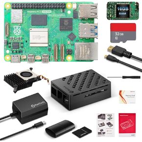 RasTech for Raspberry Pi 5 16GB Kit with GaN 27W 5.1V5A USB-C Power Supply, Active Cooler,32GB Card Reders Kit, 4K Micro HD Out Cable, Pi 5 16GB Board Case and User Manual Included