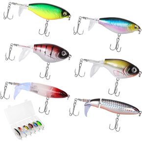 6Pcs Whopper Fishing Lures for Bass, Popper Top Water Fishing Lure with Floating Rotating Tail Barb Treble Hooks in Saltwater Freshwater, 3 Size Plopping Lures Kit with Storage Box