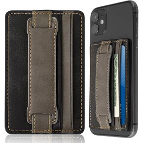 Card Holder Pouch for Cell Phone, Self Adhesive Phone Wallet Kickstand with Stretch Band Leather Multi-Card Cellphone Case Back Sleeve Grip for Credit ID Card Cash, Black