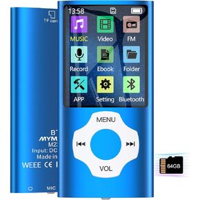 64GB Portable MP3 Player with Bluetooth 5.2, MYMAHDI 1.8" LCD Screen Music Player Up to 128GB, Mini MP3 Player with Music, Video, FM Radio, Voice Record, E-Book Reader, Photo Viewer, Darkblue