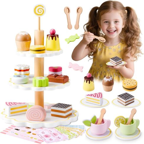 Wooden Tea Party Set, Tea Set for Little Girls 1-3 Toddler Tea Sets for Girls 2-4 with Wooden Toys Food Pretend Play Tea Party Wooden Kitchen Toys Playset Christmas Birthday Gift in Kuwait