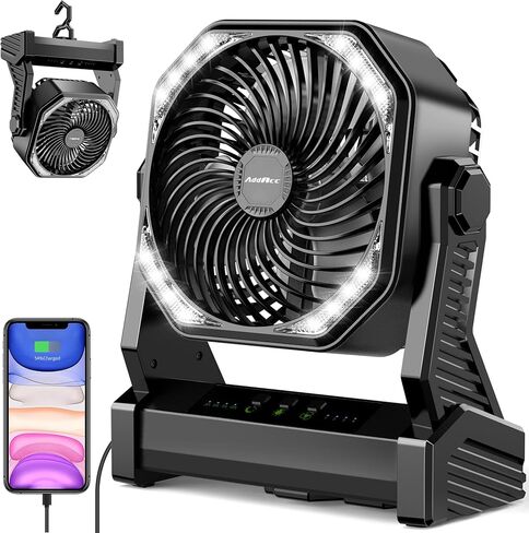 20000mAh Camping Fan, Rechargeable Portable Fan with 400 Lumes Light, 360° Rotatable Hook, 270° Pivot, 4 Speeds, 58Hrs Battery Powered for Tent Car Trip Outdoor BBQ Hurricane Power Outages in Kuwait