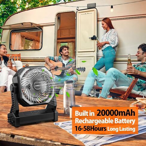 20000mAh Camping Fan, Rechargeable Portable Fan with 400 Lumes Light, 360° Rotatable Hook, 270° Pivot, 4 Speeds, 58Hrs Battery Powered for Tent Car Trip Outdoor BBQ Hurricane Power Outages in Kuwait