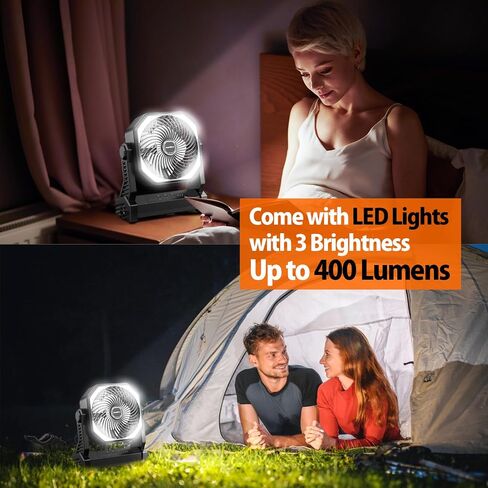20000mAh Camping Fan, Rechargeable Portable Fan with 400 Lumes Light, 360° Rotatable Hook, 270° Pivot, 4 Speeds, 58Hrs Battery Powered for Tent Car Trip Outdoor BBQ Hurricane Power Outages in Kuwait