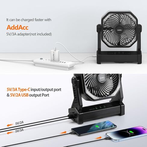 20000mAh Camping Fan, Rechargeable Portable Fan with 400 Lumes Light, 360° Rotatable Hook, 270° Pivot, 4 Speeds, 58Hrs Battery Powered for Tent Car Trip Outdoor BBQ Hurricane Power Outages in Kuwait