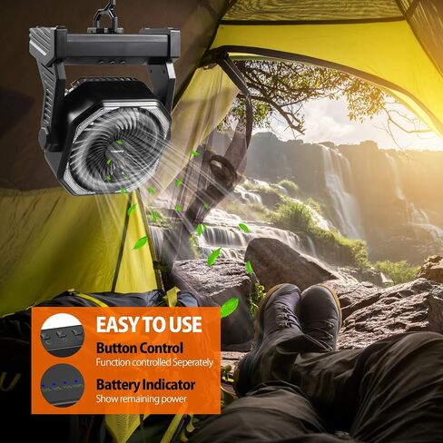 20000mAh Camping Fan, Rechargeable Portable Fan with 400 Lumes Light, 360° Rotatable Hook, 270° Pivot, 4 Speeds, 58Hrs Battery Powered for Tent Car Trip Outdoor BBQ Hurricane Power Outages in Kuwait