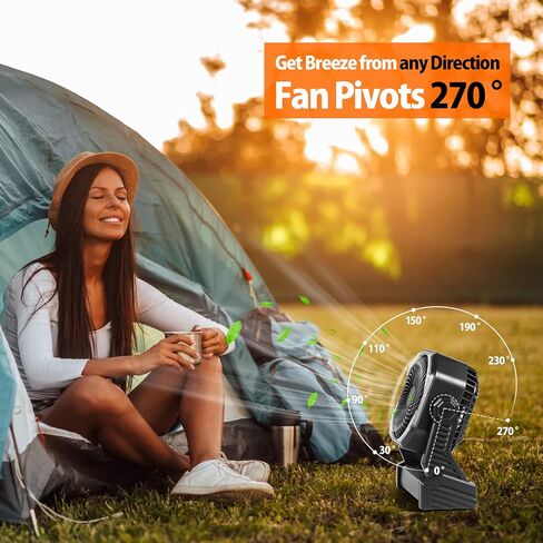 20000mAh Camping Fan, Rechargeable Portable Fan with 400 Lumes Light, 360° Rotatable Hook, 270° Pivot, 4 Speeds, 58Hrs Battery Powered for Tent Car Trip Outdoor BBQ Hurricane Power Outages in Kuwait