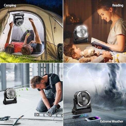20000mAh Camping Fan, Rechargeable Portable Fan with 400 Lumes Light, 360° Rotatable Hook, 270° Pivot, 4 Speeds, 58Hrs Battery Powered for Tent Car Trip Outdoor BBQ Hurricane Power Outages in Kuwait