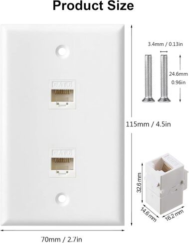 Ethernet Wall Plate, 2 Port Cat6 RJ45 Keystone Inline Coupler Wall Plate for Cat7/6/5/5e Ethernet Devices - White in Saudi Arabia