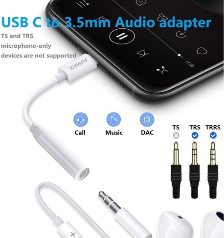 AVMAX USB C to 3.5mm Audio Headphone Adapter HiFi,Type c to Aux Female Cable for 16 15 Plus, S24 S23 S22 S21 S20 and More Type c Devices (Classic White1) in Kuwait