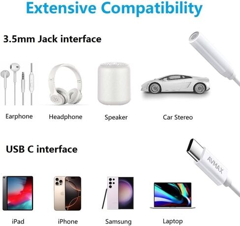 AVMAX USB C to 3.5mm Audio Headphone Adapter HiFi,Type c to Aux Female Cable for 16 15 Plus, S24 S23 S22 S21 S20 and More Type c Devices (Classic White1) in Kuwait