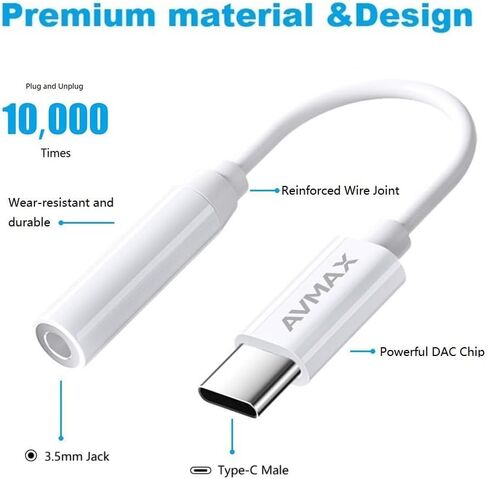 AVMAX USB C to 3.5mm Audio Headphone Adapter HiFi,Type c to Aux Female Cable for 16 15 Plus, S24 S23 S22 S21 S20 and More Type c Devices (Classic White1) in Kuwait