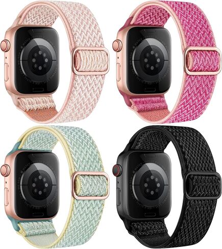 4 حزمة نايلون نايلون شريط متوافق مع أشرطة Apple Watch لرجال النساء 44 مم 40 مم 41 مم 42 مم 45 مم 46 مم 49 مم 38 مم ، حزام مرن منفرد مضفر لـ IWatch Ultra 2 Series 10 9 8 7 6 5 4 3 SE in Kuwait