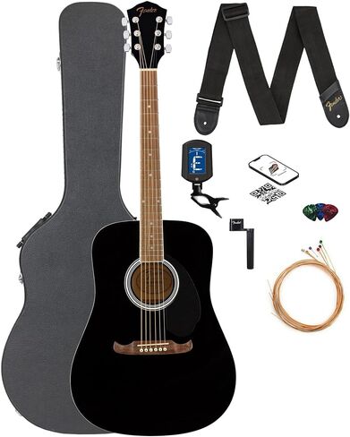 غيتار Fender FA-125 Dreadnought - حزمة سوداء مع حقيبة الحفلة، والموالف، والحزام، والأوتار، ولفاف السلسلة، واللقطات، وأقراص DVD التعليمية لأوستن بازار in Saudi Arabia
