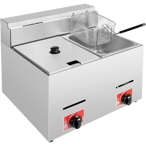Stainless Steel Countertop Gas Fryer, Commercial Countertop LPG Gas Deep Fryer with 2 * 6L Double Tank Propane LPG Oil Frying Pot Kitchen Frying Machine Snack Fryer For French Fries