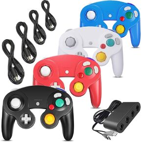 4 Pack Gamecube Controller Bundle with 4 Extension Cords and a 4-Port Adapter for Nintendo Wii U/Switch/PC(BK，RD，WH，BU)