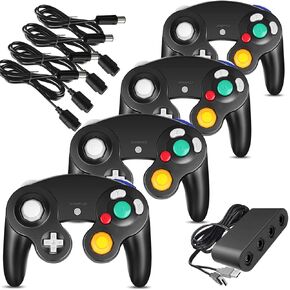 4 Pack Gamecube Controller Bundle with 4 Extension Cords and a 4-Port Adapter for Nintendo Wii U/Switch/PC(Black)