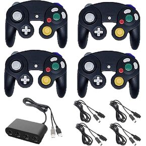 4 Controllers for Gamecube，with 4 Extension Cables and 4-Port USB Adapter for Switch PC Wii U Console (Black+Black+Black+Black)
