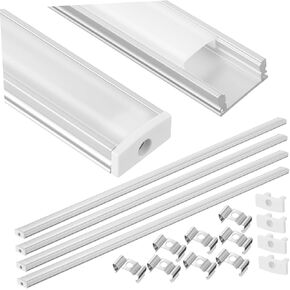 4 Sets U Shaped LED Channel Cover with Milky White Diffuser for Strip Lights for Home Decor and Cabinet Lighting with Clips and End Caps