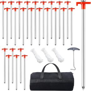Jeffbaubl 24 Pack Tent Stakes Heavy Duty, 9.8 Inch Camping Stakes, Non-Rust Metal Tent Pegs with 12 Pcs Rope and Storage Bags, Ground Stakes Tent Spikes for Camping Garden Outdoor Travel (Orange)