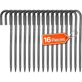 VEVOR Rebar Stakes, 12-Inch, Heavy-Duty 0.4 in Diameter J Hook, Galvanized Steel Ground Anchors with Chisel Point End & Rust-Resistant Coating, for Gardening Support, Fence, Camping Tents (16-Pack)