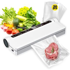 Portable Vacuum Sealer Machine for Food Storage, 75KPA Strong Suction, Dry/Wet Modes with One-Touch Seal, Includes 20 Bags & Digital Timer, Compact for Home Kitchen, Camping, Travel
