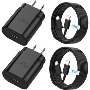 Android Charger 25W, for Samsung Charger, Super Fast Charging USB C Block, Type C Charge Cable Cord [ 6ft +10ft ] for Galaxy S25/S24 Plus/S23/S22/S21/S20/Note 20/Tablet/Watch/iPhone 16/15-Black 2Pack