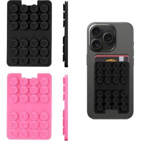 2PCS Self Adhesive Suction Phone Case, Strong Hold Sticky Phone Wallet, Multi-Purpose Phone Suction Grip, Silicone Sticky Thing for Back of Phone Case for Mobile Devices(Black, Pink)
