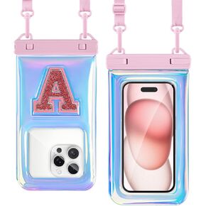 Waterproof Phone Pouch, IPX8 Floating Waterproof Phone Case Fits 7″Phones, Glitter Letter and Adjustable Neck/Crossbody Strap Design, Cruise Ship Travel Beach Essentials（ Iridescent Purple