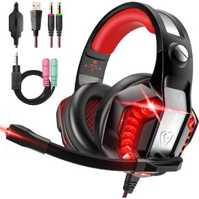 Gaming Headset for PS4 PS5 Xbox one PC, PS4 Headset with Noise Cancelling Mic, Soft Memory Earmuffs for Mac Laptop (Black RED), (YZ-US-GM2R)