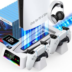 YOGES Compatible with PS5 Slim Cooling Station with Temperature Sensor, 2H Fast PS-5 Slim Dual Controller Charger Station, PS-5 Slim Stand Charging Station Accessories Cooler Fan, Black