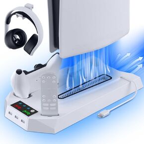 Cooling Stand Compatible with PS5/PS5 Slim/PS5 Pro, Turbo Fan, Charging Dock & USB Hub, Universal Multi-Functional Cooling Station for All PS5 Consoles, Headset Holder, Anti-Slip Design