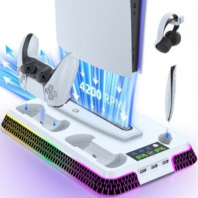 Cooling Station Compatible with PS5, 3 Speed Fan Multifunctional Charging Station, Dual Charger Station with RGB Light, 3-Port USB Hub & Media Remote Slot, Futuristic Gaming Accessories