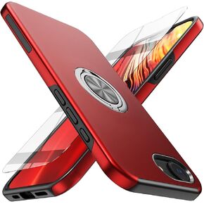 for iPhone 16e Case with Screen Protector(Tempered Glass),Hybrid 2 in 1 Protective Slim Fit Sturdy Shockproof Phone Case with Invisible Magnetic Ring Kickstand for iPhone 16e 6.1 Inch,Red