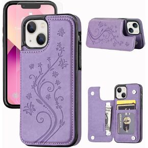 حالة محفظة متوافقة مع iPhone 13 ، حالة وقائية نحيفة مع حامل البطاقة ، وحالة فتحات بطاقات PU Leather مع زجاج واقٍ مجاني لشاشة iPhone 13 (6.1 ")-أبيض