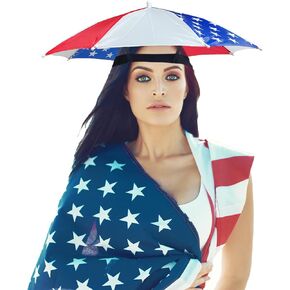 20.5" Umbrella Hat for Kids Adult, Hands-Free Waterproof Red White Blue Head Umbrella Cap for Outdoor Activities, Fishing, Camping, Beach, Gardening Sun Protection