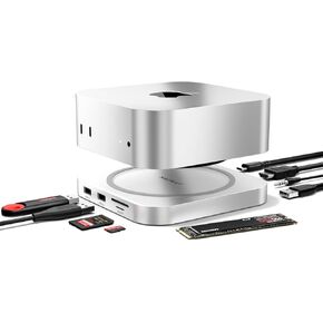 Macally Mac mini M4 Dock and Stand Hub with (3) USB-A 2.0 Ports, NVMe/SATA SSD Enclosure, SD/MicroSD Card Readers, AUX, 4K HDMI 60hz for Mac mini M4/Pro 2024