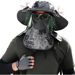 Outdoor Wide Brim Sun Hat with 2 Solar-Powered Fans, Removable Neck Cap and Face Mask - Sun Bucket Hat for Men Women, Dual USB Charging & Solar Powered Grey