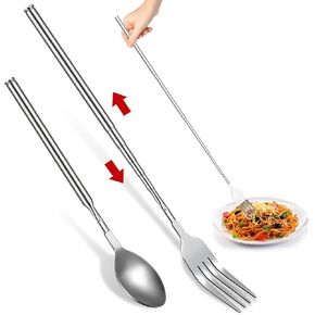 Extendable Fork and Spoon, Stainless Steel Telescopic Extendable Long Fork 64.6CM (8.6" to 25.4") & Extendable Spoon 63CM (9.06" to 24.8"), Retractable Spoon Extender and Retractable Forks Extended