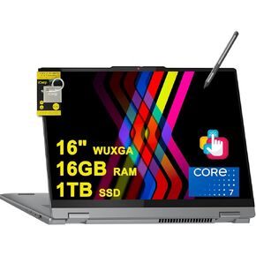 Lenovo IdeaPad Flex 5 2-in-1 Laptop 16" WUXGA IPS Glossy Touch Intel 10-core Core 7 150U (Beats i7-1355U) 16GB RAM 2TB SSD Backlit Fingerprint USB-C FHD Camera Rapid Charging w/Pen Win11 ICP Hub