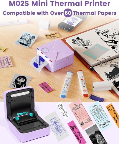 Memoqueen M02S Mini Thermal Sticker Printer, Portable Bluetooth Printer, Compatible with iOS & Android, 300DPI Wireless Connection, 15/25/53mm Print Size Apply to Office, Home, Study, Gift - Purple in Saudi Arabia