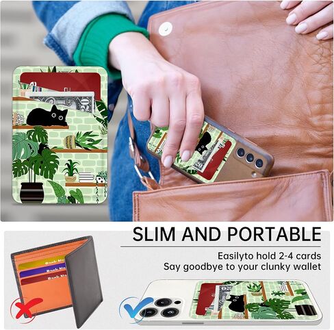 Cell Phone Card Holder for Phone, Leather Card Holder for Phone Case, Adhesive Pocket, Credit Card Holder Stylish Slim Wallet Suitable for all Smartphone Backs and Phone Cases (Black Cat) in Saudi Arabia
