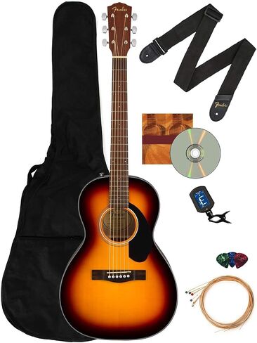 حزمة جيتار صوتي من Fender CP-60S ذات قمة صلبة بحجم صالون مع حقيبة الحفلة والموالف والحزام والأوتار واللقطات ودروس Fender Play عبر الإنترنت وأقراص DVD التعليمية لأوستن بازار - Sunburst in Saudi Arabia