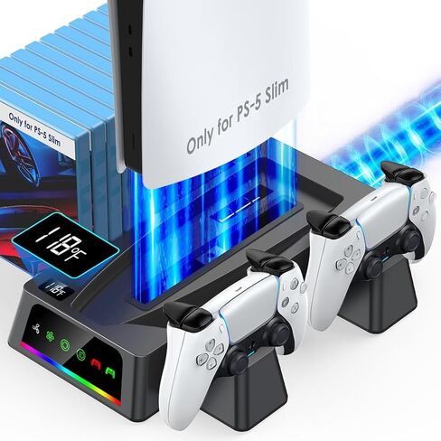Yoges متوافقة مع محطة تبريد PS5 Slim مع مستشعر درجة الحرارة ، 2H FAST PS-5 Slim Dual Controller Station ، PS-5 Slim Stand Station Occorations Cooler Fan ، Black in Saudi Arabia