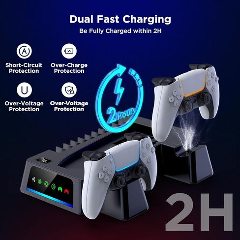 Yoges متوافقة مع محطة تبريد PS5 Slim مع مستشعر درجة الحرارة ، 2H FAST PS-5 Slim Dual Controller Station ، PS-5 Slim Stand Station Occorations Cooler Fan ، Black in Saudi Arabia